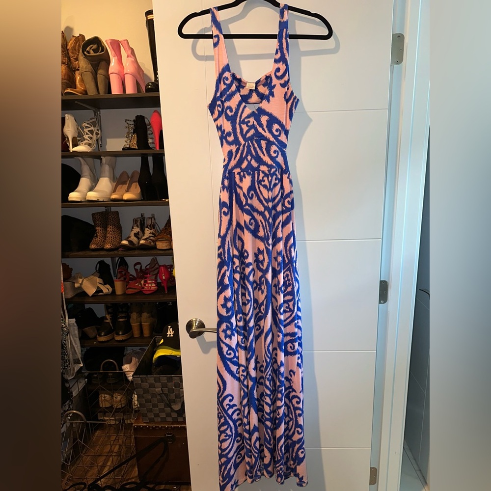 Surf Gypsy Blue and Pink Halter Maxi Sundress